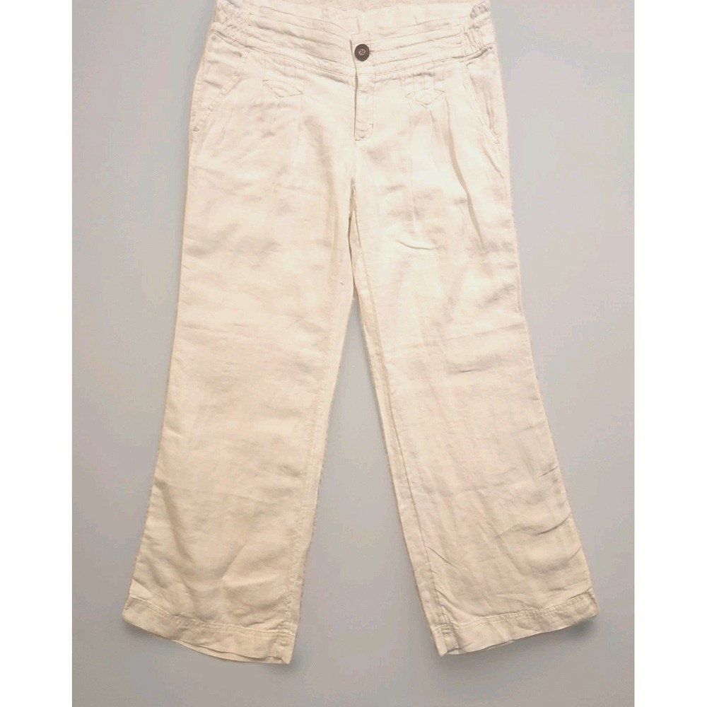 Athleta Sz 16 White Lagoon 100% Linen Pants Smocked Textured Stretch Waist #683